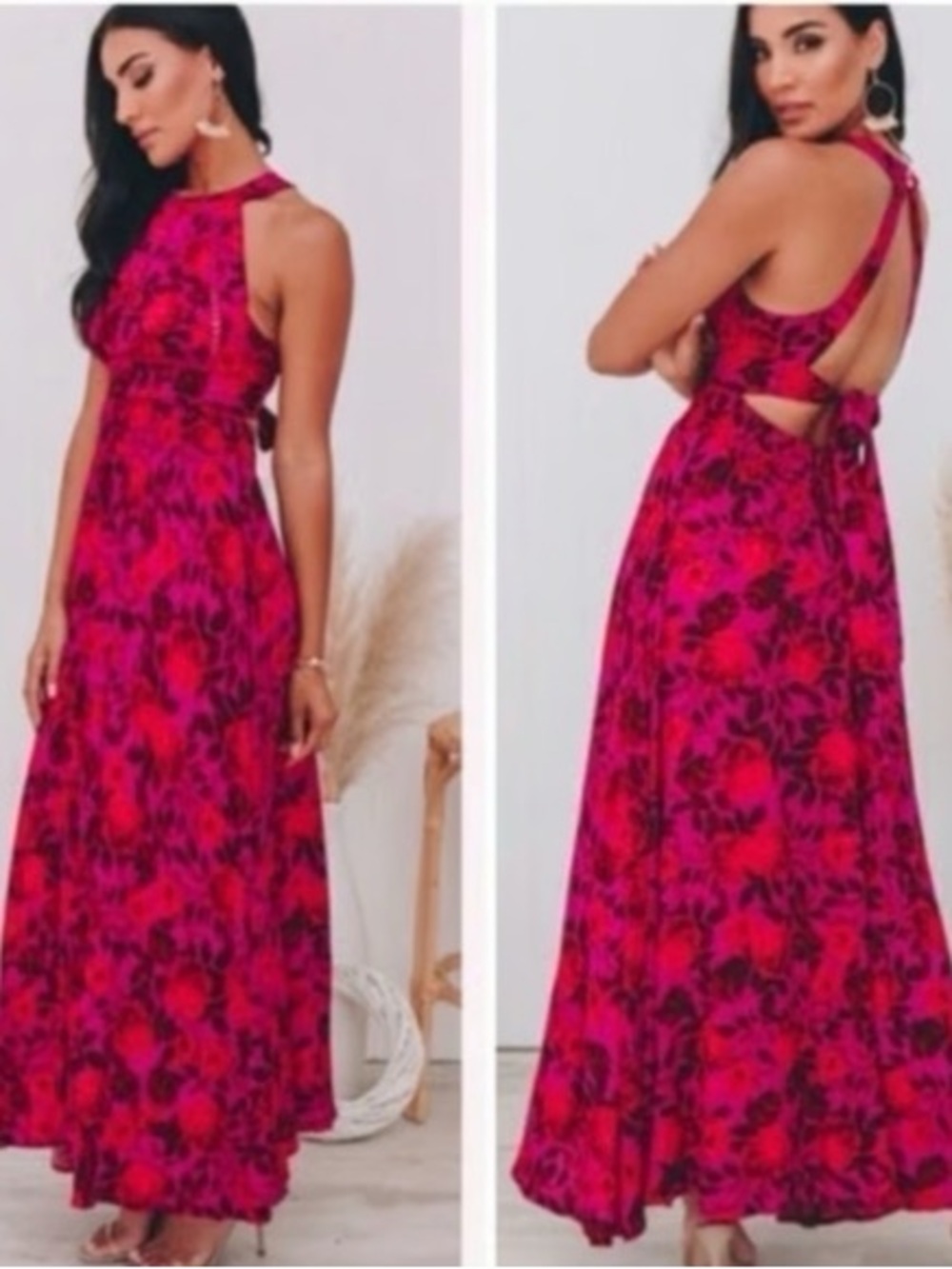 Anthropologie Abel the Label Charlotte Halter Fuscia Floral Maxi Dress Sz Medium